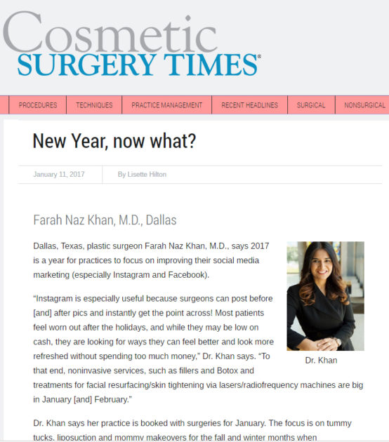 Dr. Khan contributes to Cosmetic Surgery Times Dallas Plano Ft