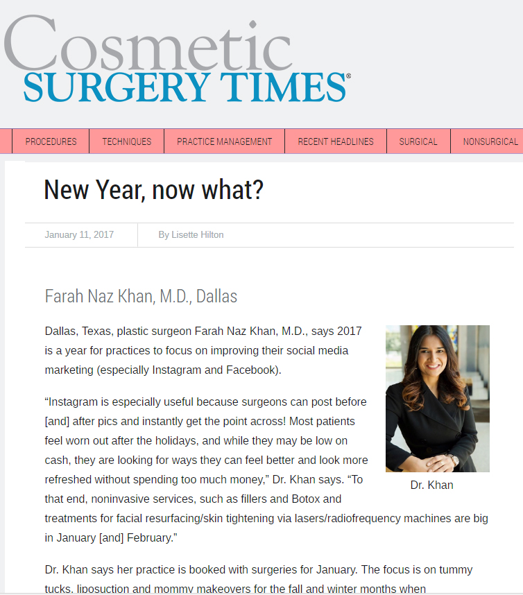 Dr. Khan contributes to Cosmetic Surgery Times